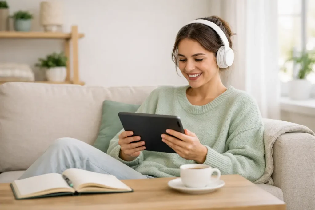 Pessoa estudando com ferramentas gratuitas em ambiente aconchegante com luz natural