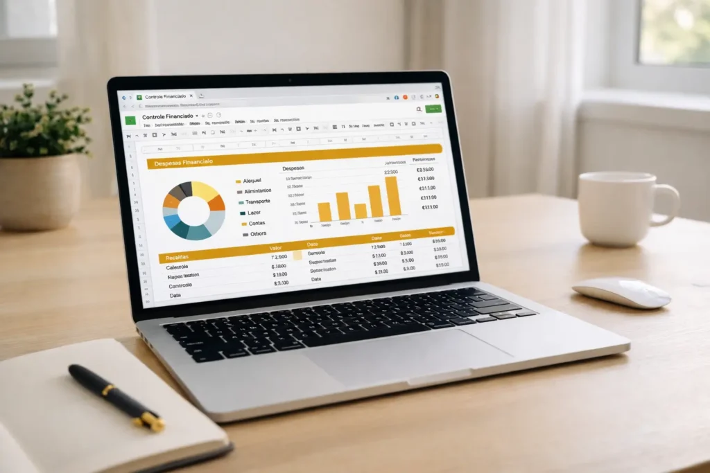 Planilha de controle financeiro aberta no Google Sheets em notebook