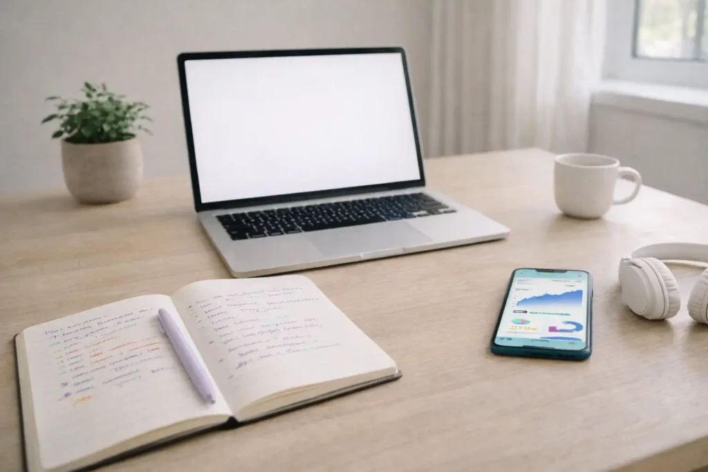 Mesa de estudos organizada com ferramentas digitais para aprendizado e organização financeira