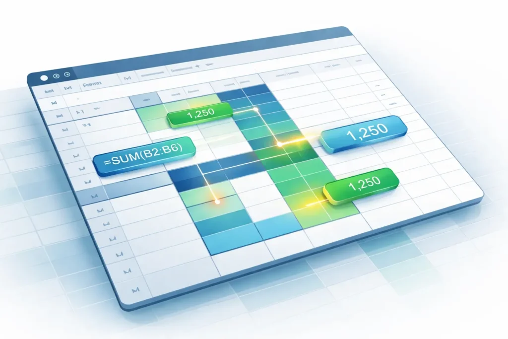 estrutura de planilha no Excel mostrando relações entre células