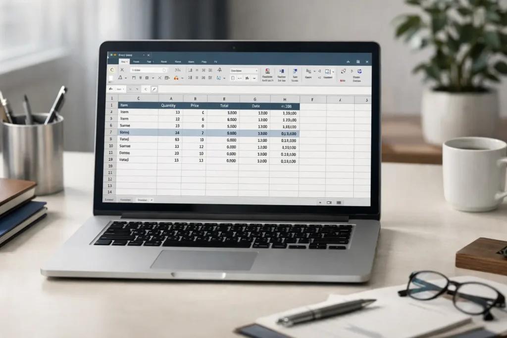 Planilha de Excel organizada com pequeno erro estrutural sutil em ambiente profissional.