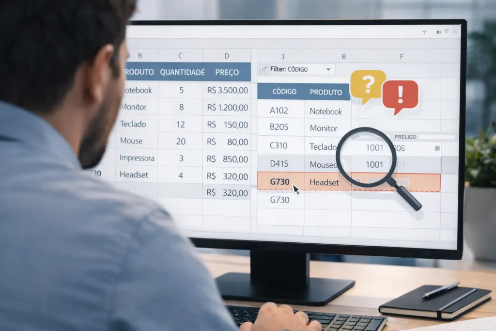 análise de planilha para diagnosticar erro em fórmula de busca
