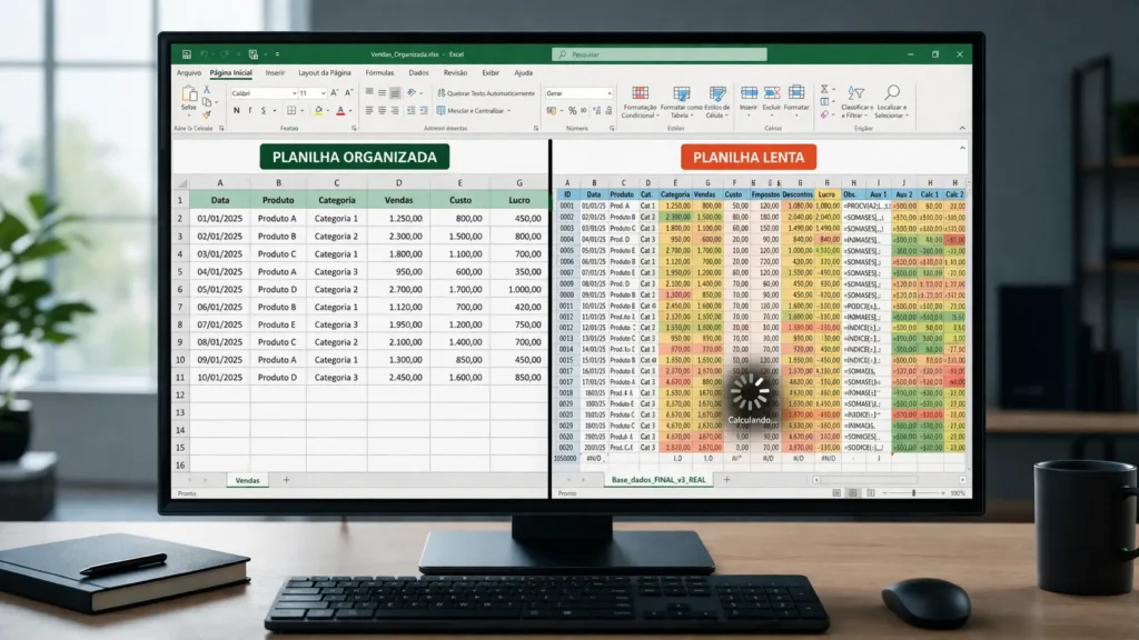 comparação entre planilha organizada e planilha lenta no excel