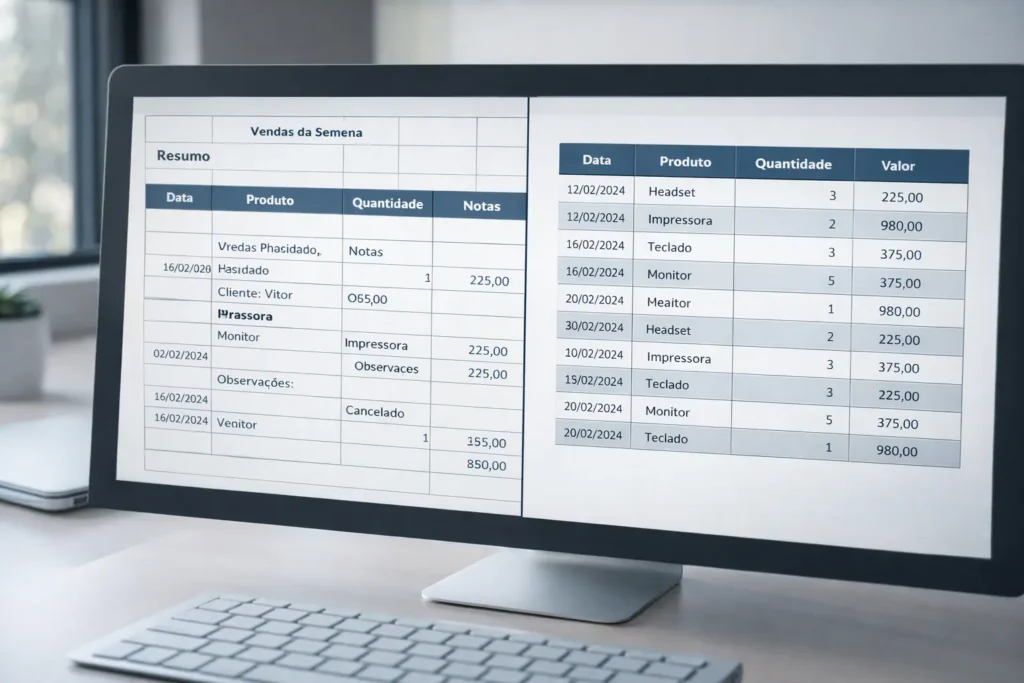 comparação entre planilha confusa e dados organizados no Excel