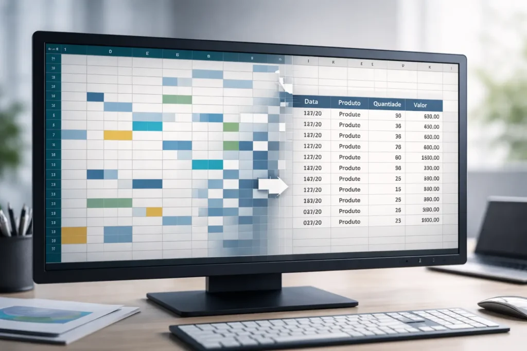 planilha de Excel sendo reorganizada antes do uso de fórmulas