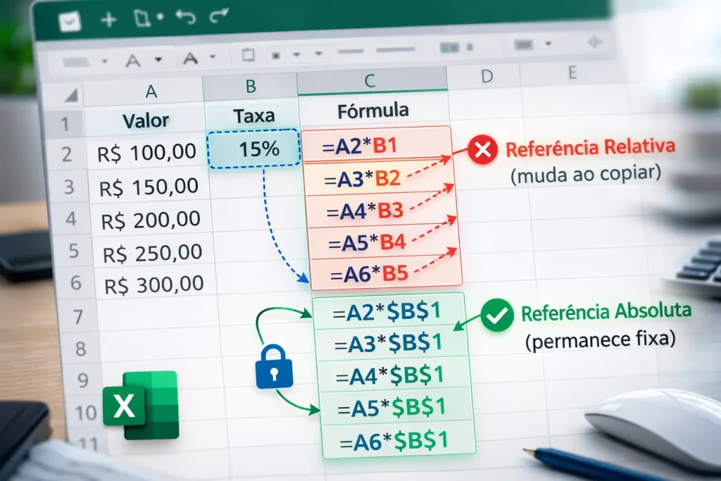 comparação visual entre referência relativa e absoluta no Excel