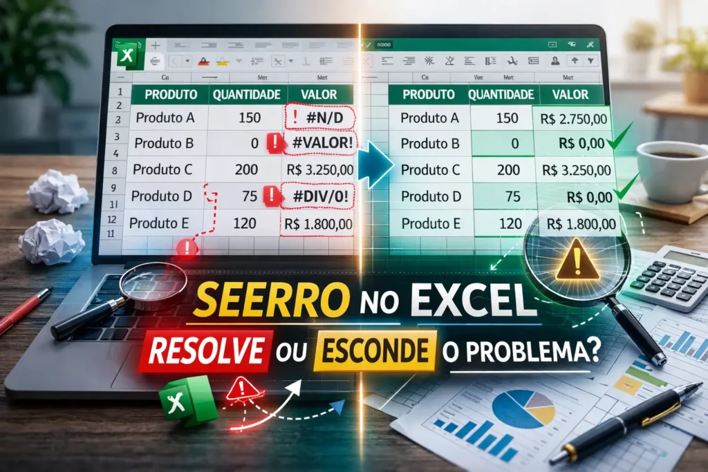 Comparação entre erro visível e erro oculto em planilha de Excel