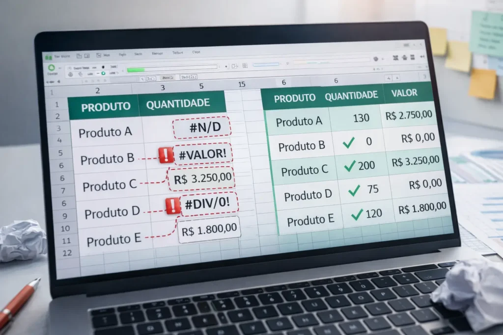 Planilha de Excel com erros sendo analisados e organizados