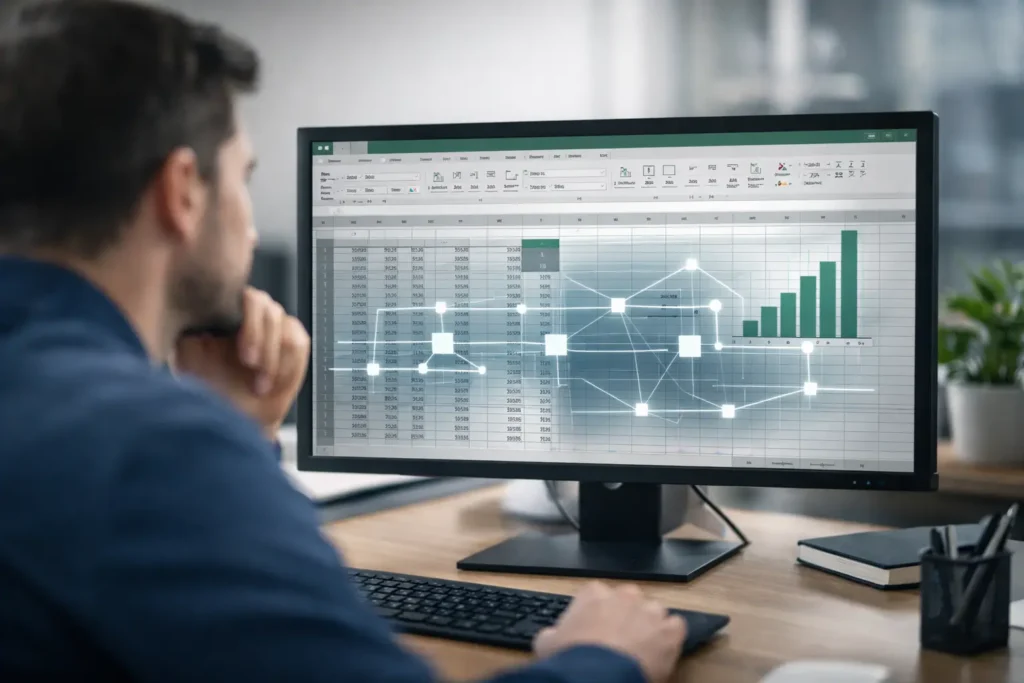 profissional analisando planilha no excel com foco em validação estrutural
